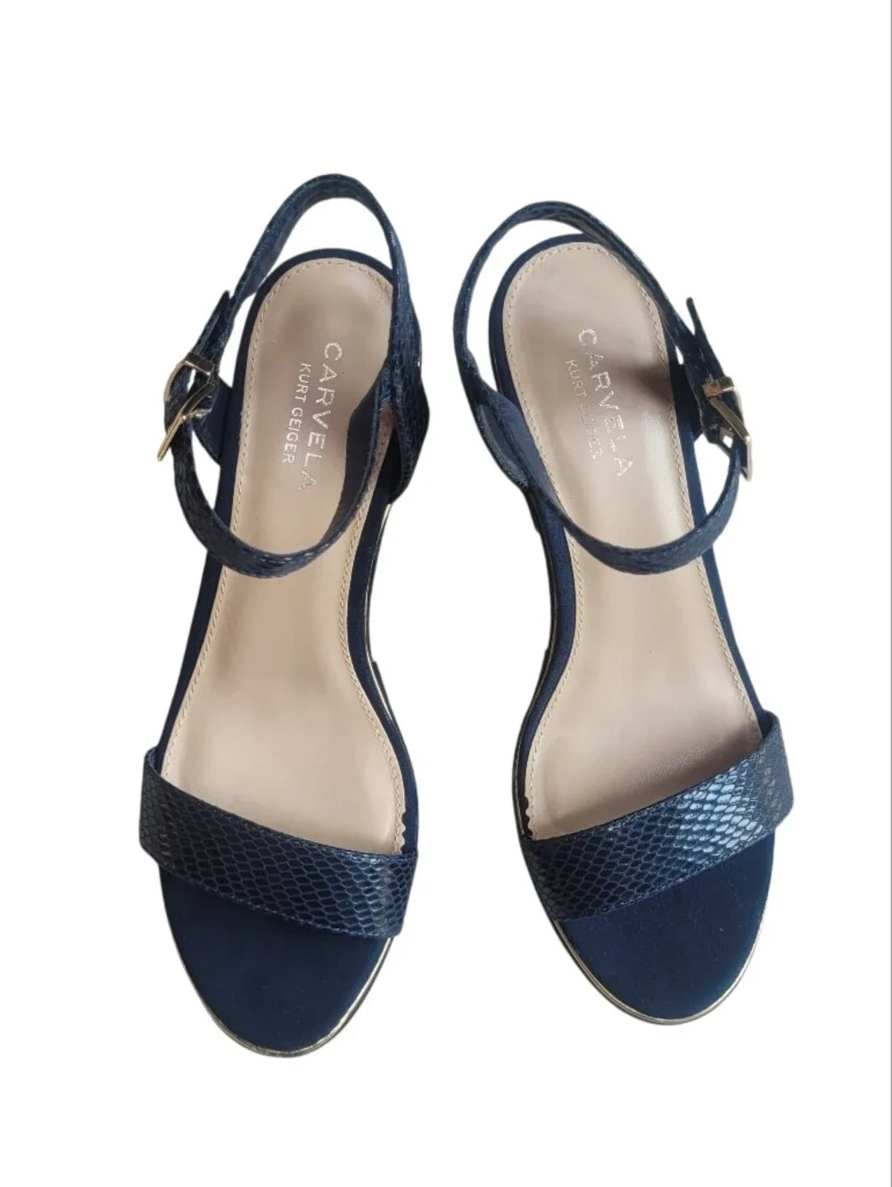 NWOT Carvela Kurt Geiger Navy Blue Platform Sandals Gold Buckle